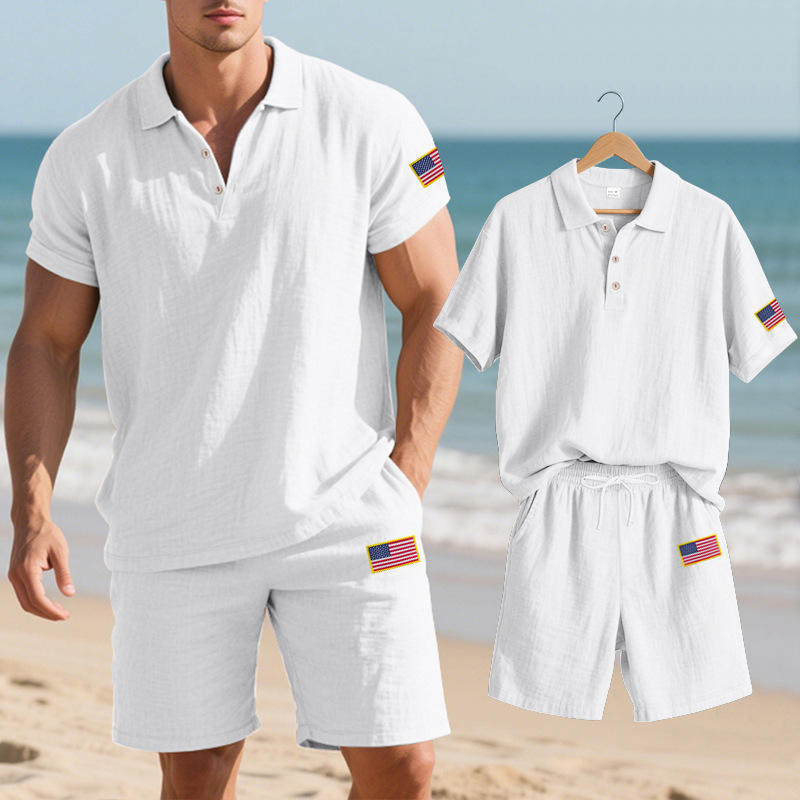 Summer Clothing Beach - เสื้อเชิ้ตลินินลำลองลายโลโก้วันประกาศอิสรภาพสำหรับผู้ชายช่วงฤดูร้อน ชุดชายหาดแขนสั้น กางเกงขาสั้น เสื้อยืด กางเกงขาสั้น