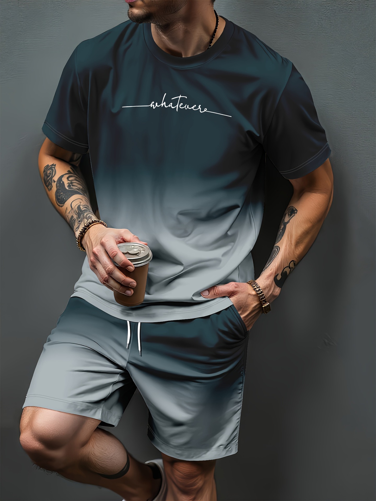 Summer Clothing Women - ชุดวอร์มพิมพ์ลายตัวอักษรไล่เฉดสี 3 มิติ สำหรับผู้ชายและผู้หญิง เสื้อยืดแขนสั้นลำลอง กางเกงขาสั้น