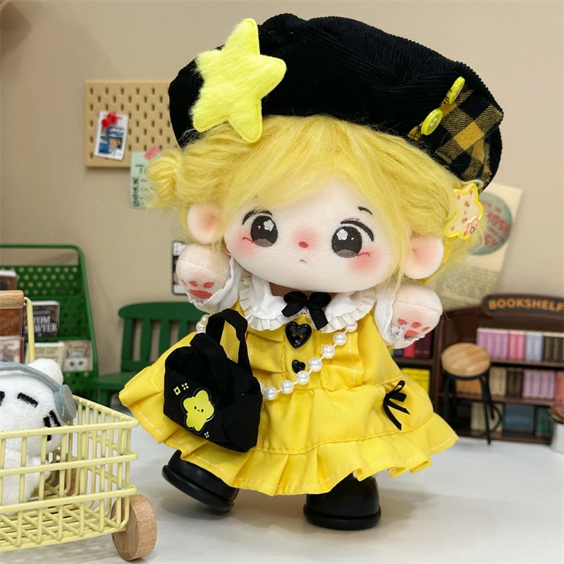 Yellow Summer Clothing - ชุดเสื้อผ้าตุ๊กตาผ้าฝ้ายขนาด 20 ซม. ชุดฤดูร้อนสีเหลืองลายดาว พร้อมหมวกเบเร่ต์และกระเป๋าถือ สำหรับตุ๊กตาผ้าฝ้าย