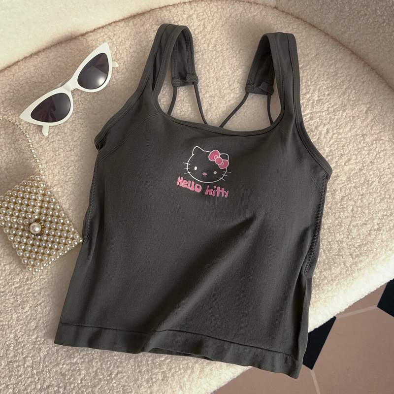 Yours Summer Clothing - อะนิเมะเฮลโล คิตตี้แฟชั่นเสื้อผ้าผู้หญิง Y2K เสื้อมีแผ่นรองหน้าอกเสื้อยืดน่ารักสาวฤดูร้อนเสื้อครอปสีขาวเซ็กซี่