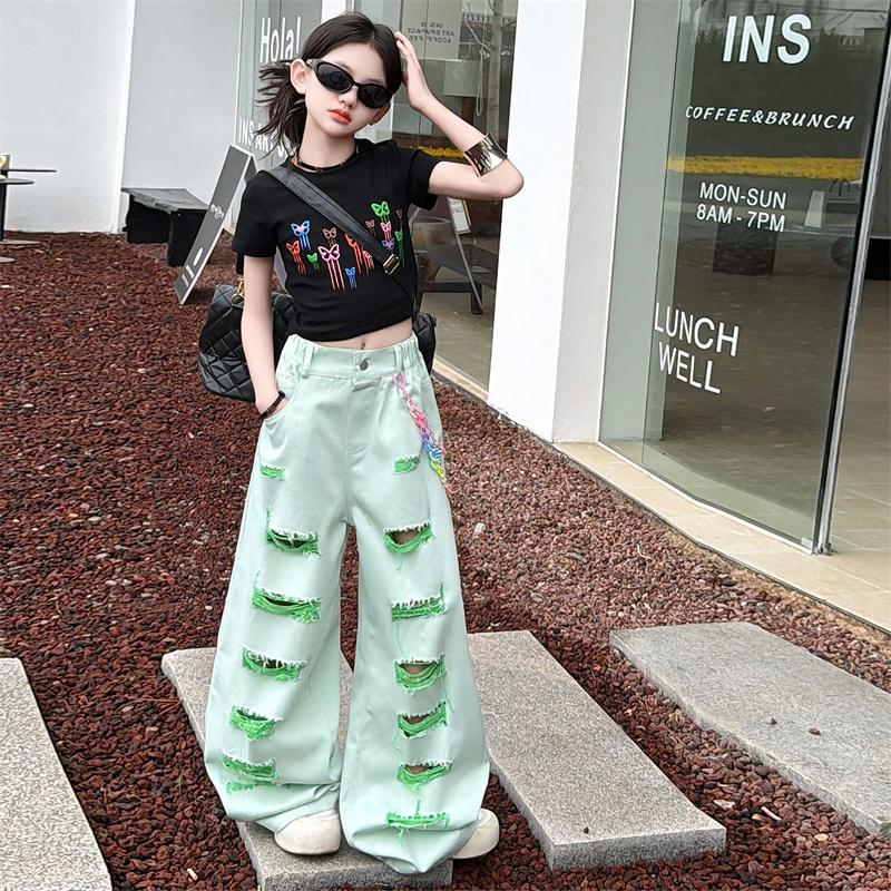 Summer Clothing Deals - ชุดเสื้อผ้าเด็กผู้หญิงวัยรุ่นแฟชั่นใหม่เสื้อครอปผีเสื้อสีสันสดใส+กางเกงยีนส์ขากว้าง 2 ชิ้นชุดเด็กขายดี 12 14Y