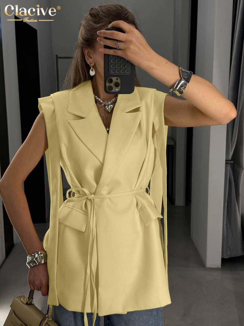 Yellow Summer Clothing - คลาซีฟ แฟชั่นเสื้อเชิ้ตผู้หญิงสีเหลืองทรงหลวม 2026 ฤดูร้อนเสื้อเชิ้ตแขนกุดผู้หญิงเสื้อเชิ้ตผู้หญิงแบบผูกเชือกสุดคลาสสิกเสื้อผ้าผู้หญิง