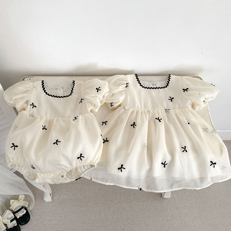 Summer Gauze Clothing - เด็กน้องสาวเสื้อผ้าฤดูร้อนเด็กผู้หญิงชุดเด็กทารกน่ารัก Bow Gauze ชุดน้องสาวพัฟแขนเด็กวัยหัดเดินชุดเจ้าหญิงหวาน