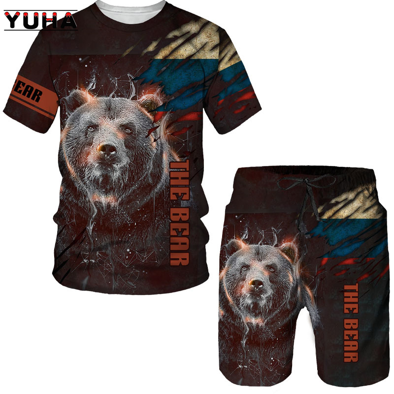 Summer Clothing Women - ชุดเสื้อยืดและกางเกงขาสั้นพิมพ์ลายหมีฤดูร้อน 3 มิติ สำหรับผู้ชายและผู้หญิง สไตล์สตรีท หลวมๆ