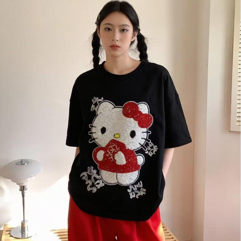 Summer Clothing Line - เสื้อยืดแขนสั้นลายการ์ตูนเฮลโลคิตตี้น่ารักสไตล์ใหม่สำหรับฤดูร้อน ปักลายผ้าขนหนูประดับเลื่อม สำหรับผู้หญิง เสื้อแฟชั่นยอดนิยม