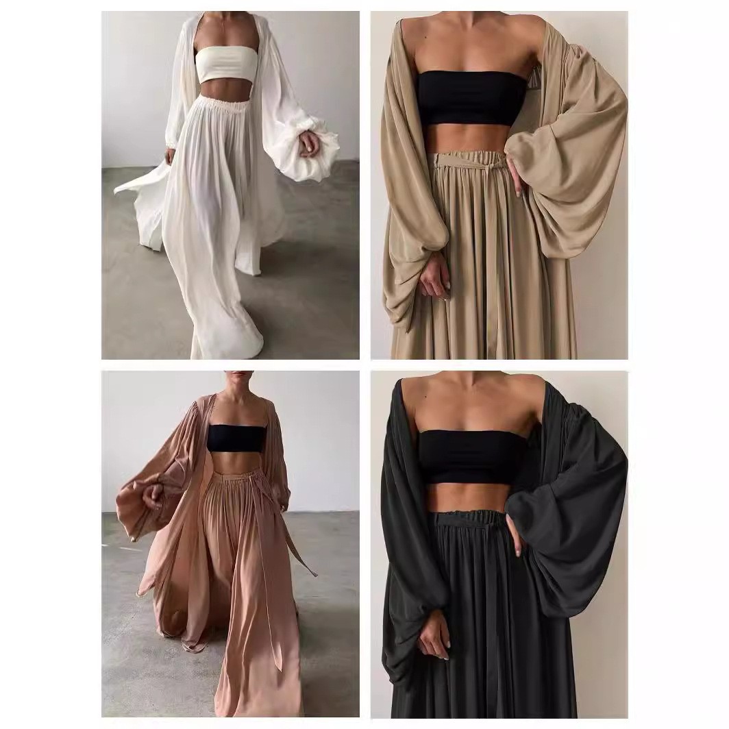 Summer Clothing Women - ชุดเสื้อผ้าผู้หญิงสองชิ้นสำหรับฤดูร้อนและฤดูใบไม้ผลิ แขนยาวทรงโคมไฟ สีพื้น ชุดสูทผู้หญิง โพลีเอสเตอร์ สไตล์สตรีทแวร์