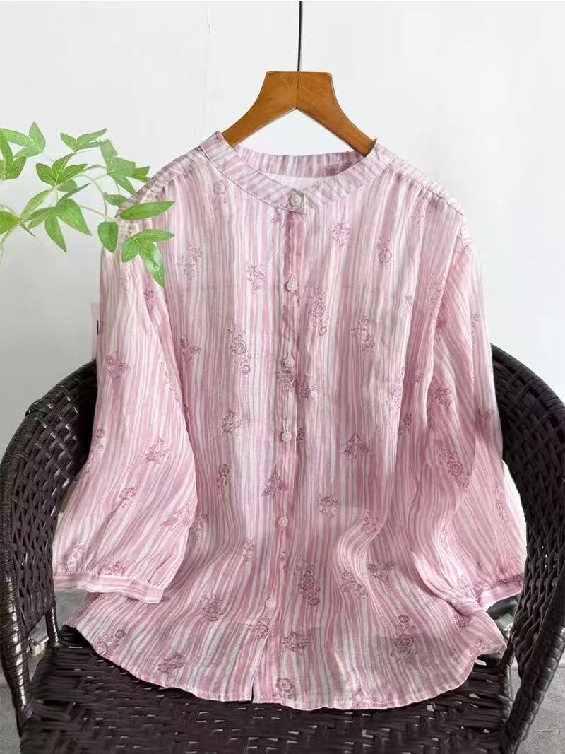 Summer Clothing In Japan - เสื้อผ้าแบรนด์หรูสำหรับผู้หญิง เสื้อเชิ้ตและเสื้อเบลาส์ผ้าลินินรามี 100% สำหรับผู้หญิง เสื้อพิมพ์ลายระบายอากาศสำหรับฤดูร้อน