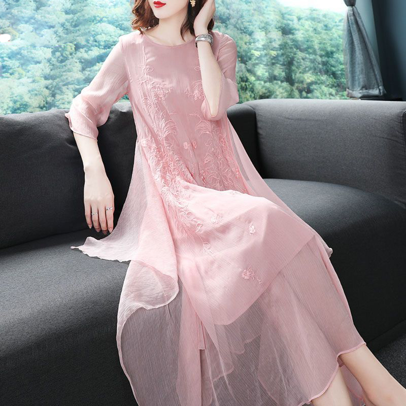 Summer Gauze Clothing - ชุดเดรสออกงานปักลายผ้าโปร่งคอโอ ดีไซน์หรูหรา เสื้อผ้าผู้หญิง ฤดูร้อน รุ่นใหม่ ทรงหลวม