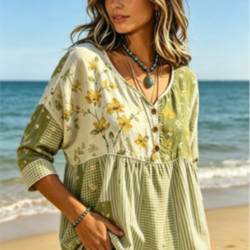 Yellow Summer Clothing - เสื้อผู้หญิงสีเขียวเหลืองลายดอกไม้ปะติดปะต่อ คอวี ติดกระดุม แขนยาว ลายตาราง กิ๊งแฮม