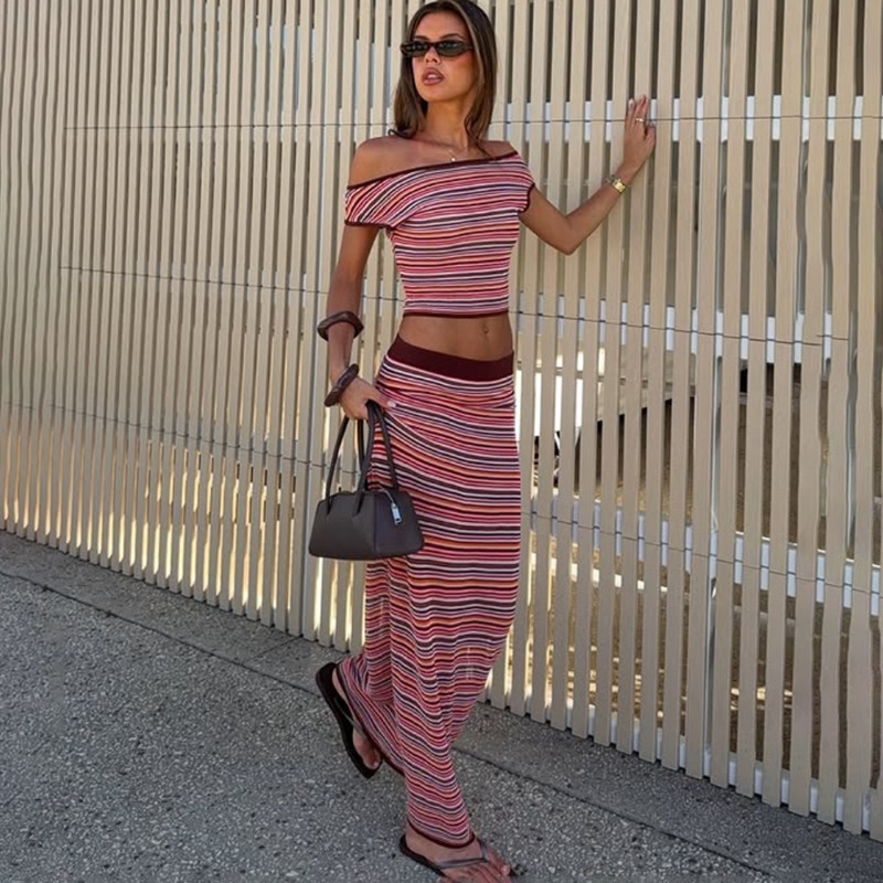 Summer Clothing For Older Women - ทูลาโรสกระโปรงถักผู้หญิงชุด 2 ชิ้นวินเทจลายทางแขนกุดเสื้อถักสลิมแม็กซี่กระโปรงชุดฤดูร้อนชุดเดรสหญิงหรูหรา