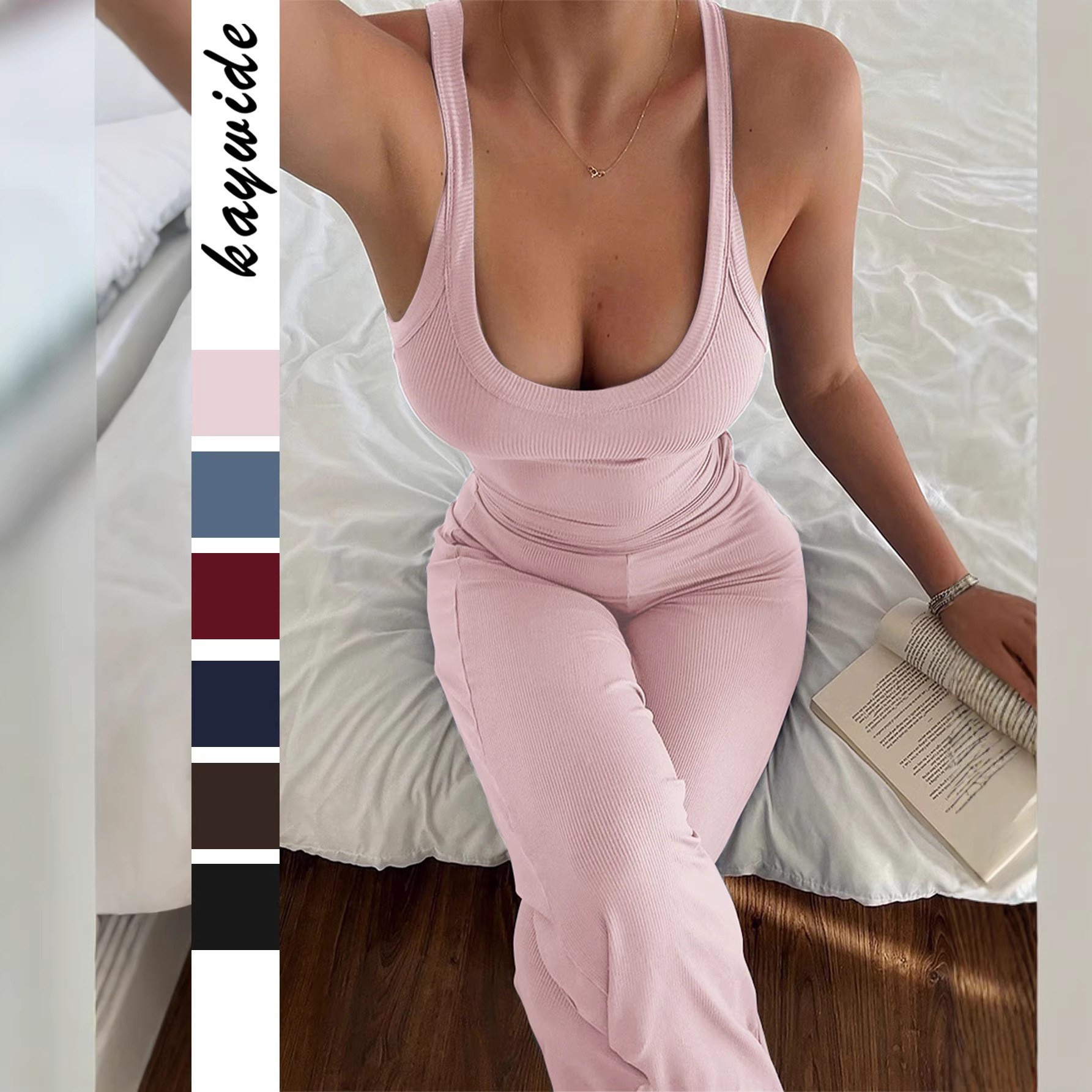 Summer Clothing Women - ชุดเสื้อกล้ามแขนกุดสไตล์สปอร์ตและกางเกงขายาวสำหรับผู้หญิง คอลเลคชั่นฤดูใบไม้ผลิ/ฤดูร้อน ผลิตจากผ้าวิสโคสผสมโพลีเอสเตอร์ สีพื้น