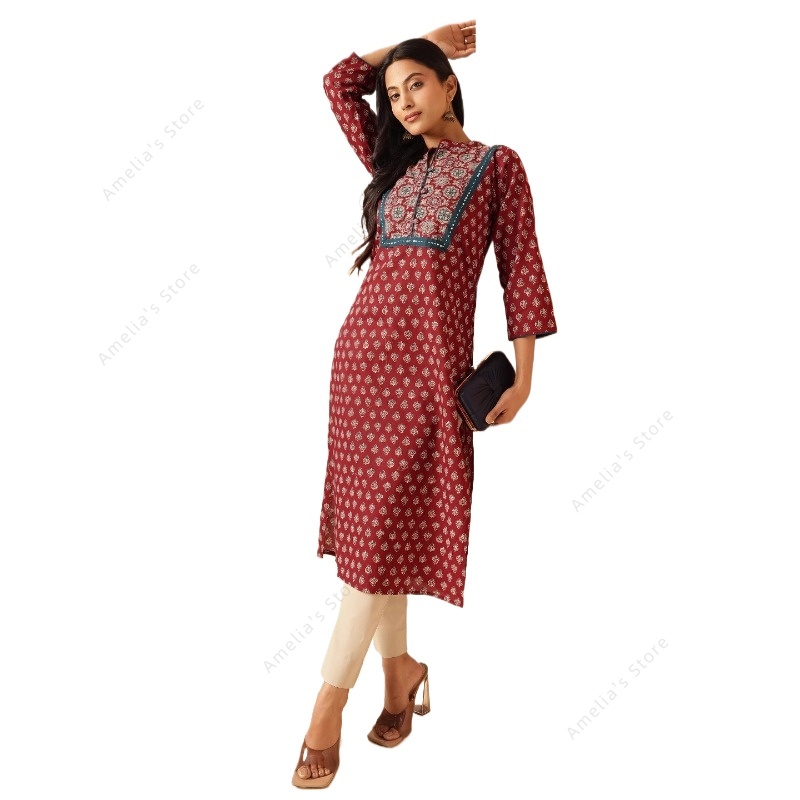 Summer Clothing India - ชุดคุर्ตาพิมพ์ลายดอกไม้สีแดงเลือดหมูสไตล์ชาติพันธุ์สำหรับผู้หญิง ฤดูใบไม้ผลิ/ฤดูร้อน เสื้อคลุมอินเดียทรงยาว ชุดคุर्ติดีไซน์โบโฮชิค ผ้าบาง ใส่ได้ทุกวัน