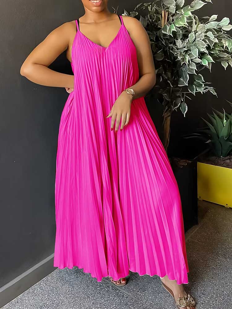 Summer Clothing For Older Women - เดรสสายเดี่ยวผู้หญิงสำหรับฤดูร้อน คอวี ดีไซน์หรูหราเก๋ไก๋ จับจีบชายกระโปรง ทรงหลวม ยาว