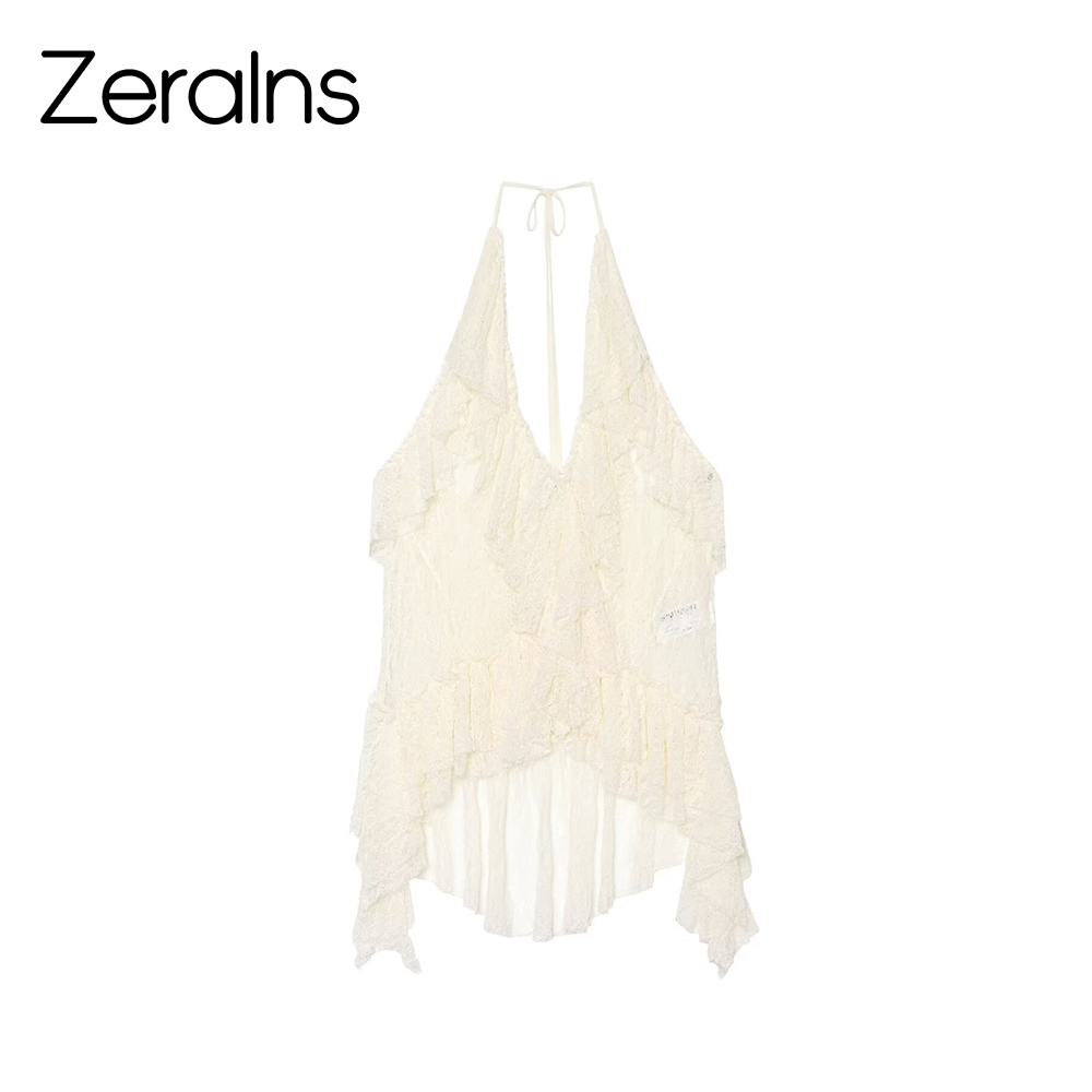 Summer Clothing Europe - ZERAINS ชุดฤดูร้อนใหม่ปี 2026 สำหรับผู้หญิง เสื้อคอวีแบบแขวนคอ แต่งลูกไม้ซ้อนแบบอสมมาตร