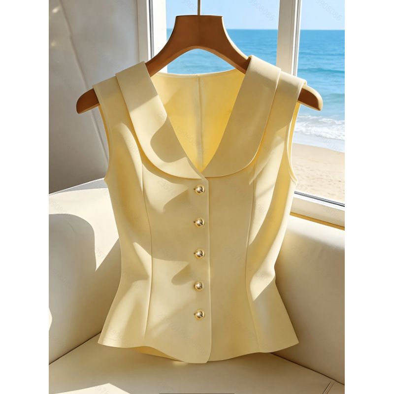 Yellow Summer Clothing - เสื้อกั๊กเบลเซอร์ผู้หญิงทรงสวยสง่า แขนกุด คอวี ติดกระดุม ทรงเข้ารูป สีเหลือง