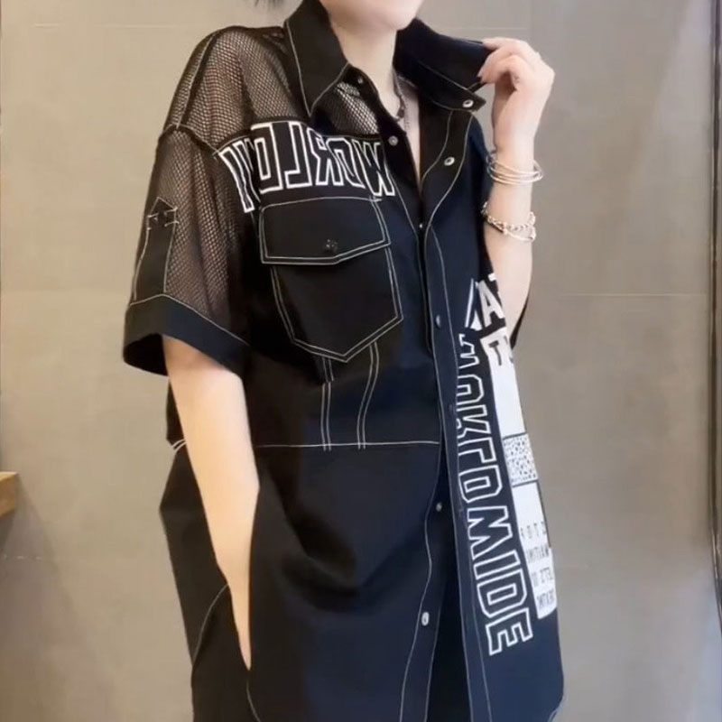 Summer Gauze Clothing - Casual Letterพิมพ์หลวมเสื้อStreetwear 2025 ฤดูร้อนกระเป๋าผู้หญิงเสื้อผ้าผ้าพันคอPatchworkเดินทางSingle-Breastedเสื้อ