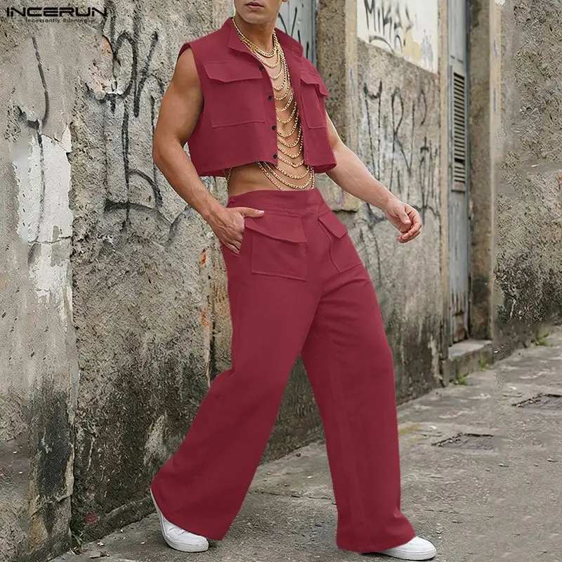 Summer Clothing Line - INCERUN ชุดเซ็ตผู้ชาย เสื้อครอปแขนกุดสีพื้น กางเกงขายาว ชุด 2