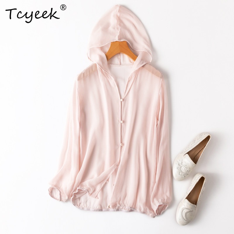 Summer Clothing Women - ทีซีเอก 100% ผ้าไหมมัลเบอร์รี่แท้เสื้อผู้หญิง 2026 ฤดูร้อนระบายอากาศได้ดีมีฮู้ดสีชมพูอ่อนป้องกันแสงแดดเสื้อผ้าหญิงโรปา มูเฮร์
