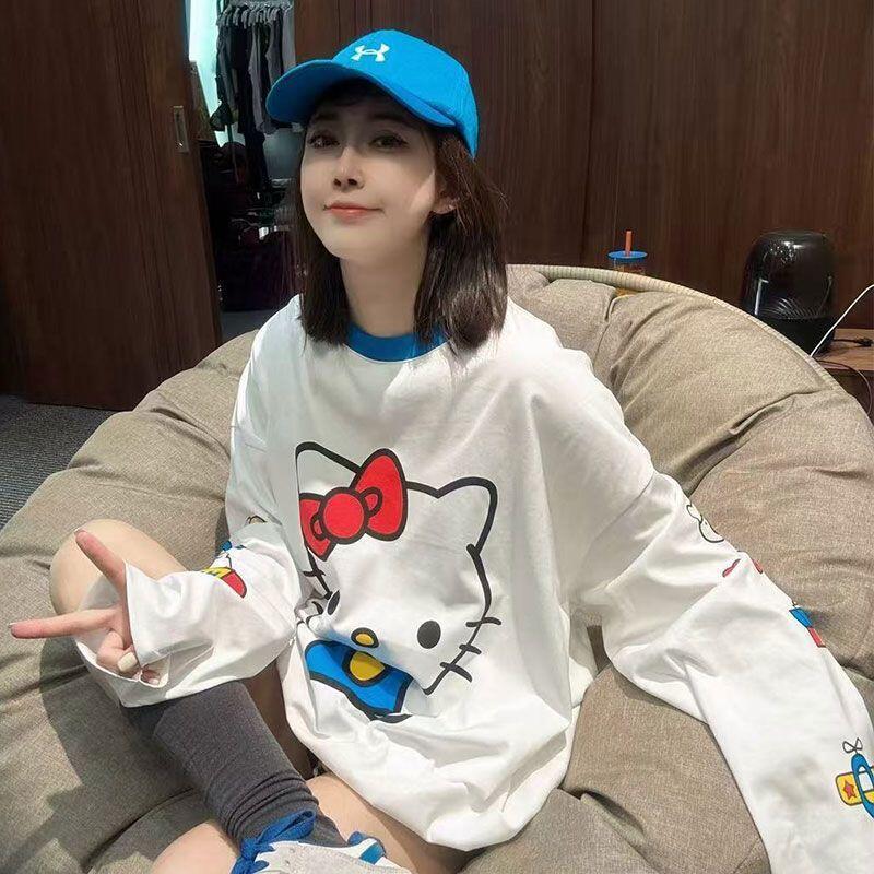 Summer Clothing Women - เสื้อยืดแขนยาวลายการ์ตูนเฮลโล คิตตี้ฤดูร้อนสไตล์ใหม่น่ารักสำหรับผู้หญิงเสื้อผ้าป้องกันแสงแดดแบบหลวมยอดนิยมเสื้อบางๆ
