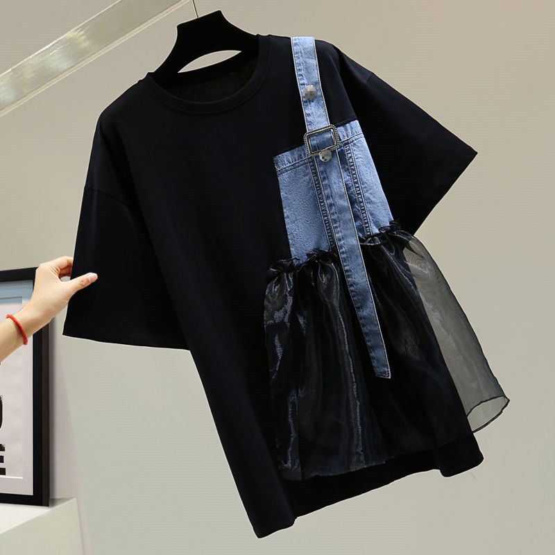 Summer Gauze Clothing - เสื้อผ้าผู้หญิงแขนสั้นลำลองผ้าโปร่งปะต่อผ้ายีนส์เข้ากับทุกชุดเสื้อผ้าสตรีทแบบไม่สมมาตรมีสไตล์สำหรับฤดูร้อน