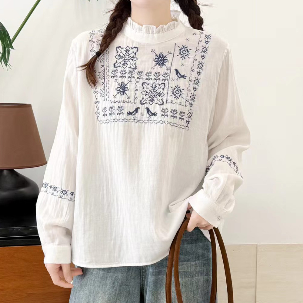 Summer Clothing In Japan - เสื้อเชิ้ตสีขาวปี 2026 สไตล์โมริเคอิ ผ้าฝ้ายปักลาย คอตั้ง เนื้อผ้านุ่ม
