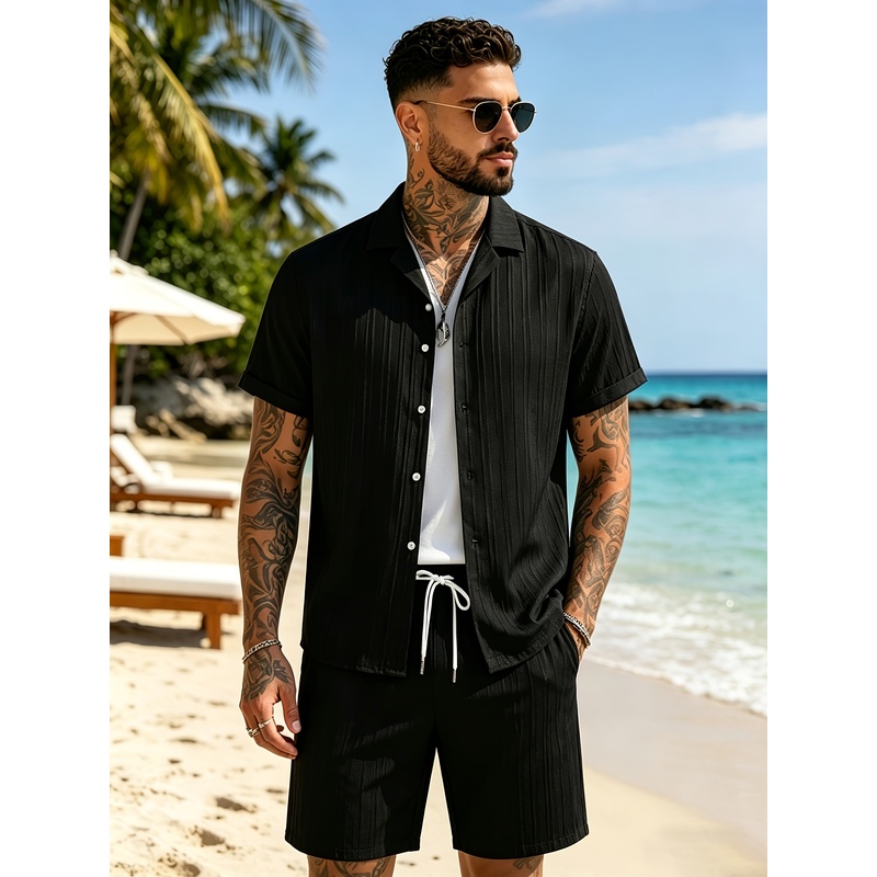 Summer Clothing Beach - ชุดสูทลำลองฤดูร้อนสำหรับผู้ชาย 2 ชิ้น เสื้อคอปกคิวบา+กางเกงขาสั้นทรงหลวม ใส่สบายและเบา เหมาะสำหรับวันหยุดพักผ่อนที่ชายหาด