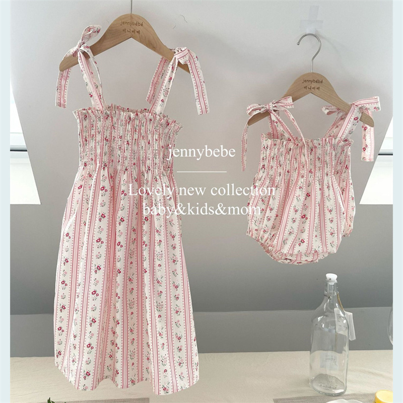 Summer Clothing Europe - ชุดรอมเปอร์มีสายรัดสำหรับเด็กผู้หญิงชุดจั๊มสูทผูกโบว์ลายดอกไม้ผ้าคอตตอนแสนหวานสำหรับเด็กวัยหัดเดินเสื้อผ้าเด็ก