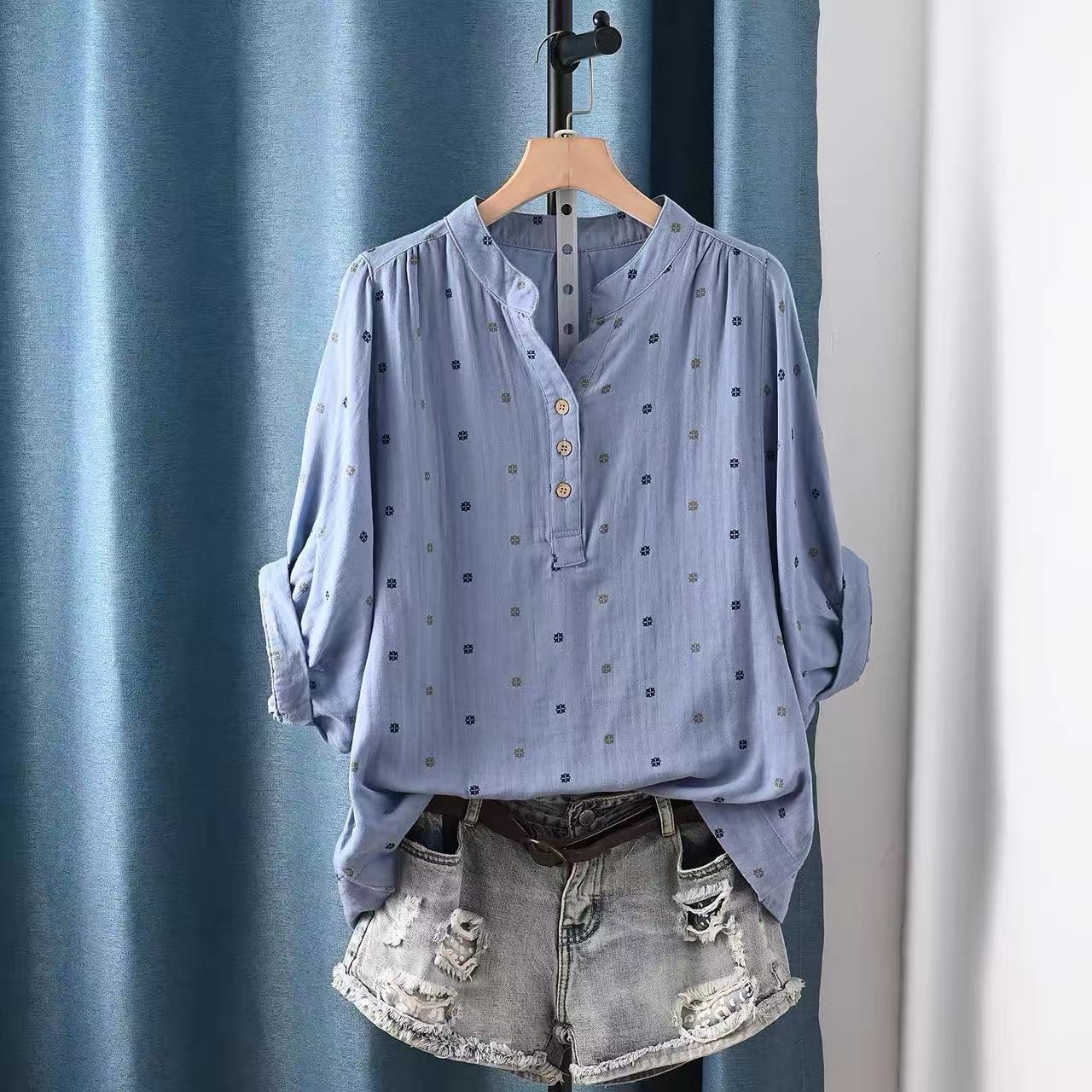 Summer Clothing In Japan - เสื้อผู้หญิงปี 2026 เสื้อผ้าฝ้ายลายจุดสไตล์ญี่ปุ่น เสื้อเชิ้ตและเสื้อเบลาส์สำหรับฤดูร้อน แขน 3/4