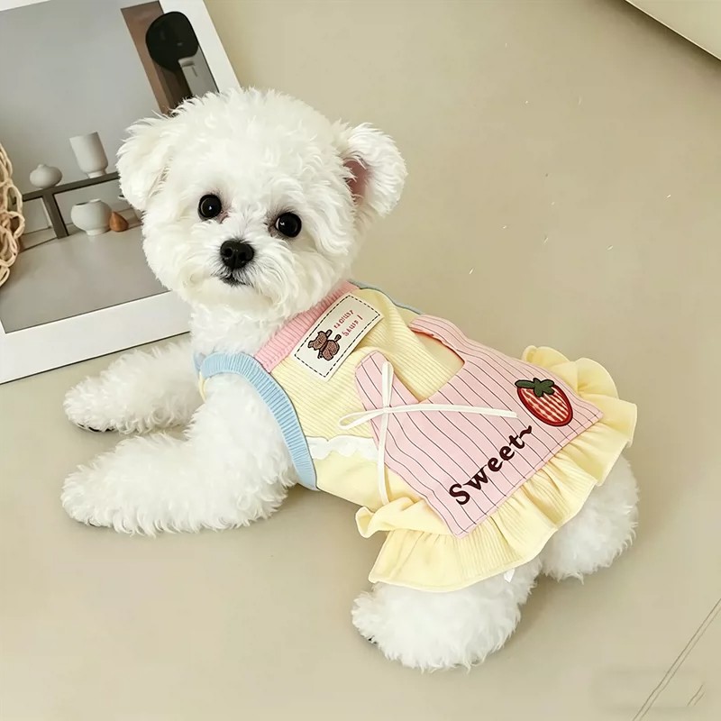Yellow Summer Clothing - เสื้อผ้าสุนัขสีเหลือง-น้ำเงินสไตล์เกาหลี กระโปรงนิตติ้งบางน่ารัก สายเดี่ยว สำหรับสุนัขพันธุ์เล็ก-กลาง เช่น ยอร์คเชียร์