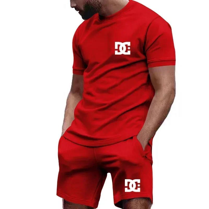 Summer Clothing Line - ฤดูร้อนใหม่ เสื้อยืดแขนสั้นผู้ชายและกางเกงขาสั้นระบายอากาศ ชุดสองชิ้น แฟชั่นลำลองกลางแจ้งสำหรับวิ่ง