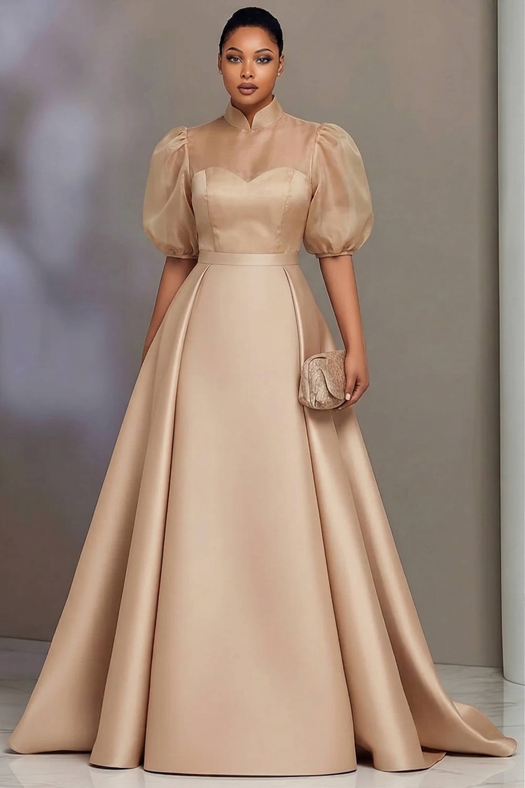 Summer Clothing For Older Women - ชุดราตรีผ้าซาตินหรูหราสำหรับผู้หญิงไซส์ใหญ่ คอตั้ง ทรงเอไลน์ ยาวแบบแม็กซี่ เหมาะสำหรับงานพรอม งานแต่งงาน