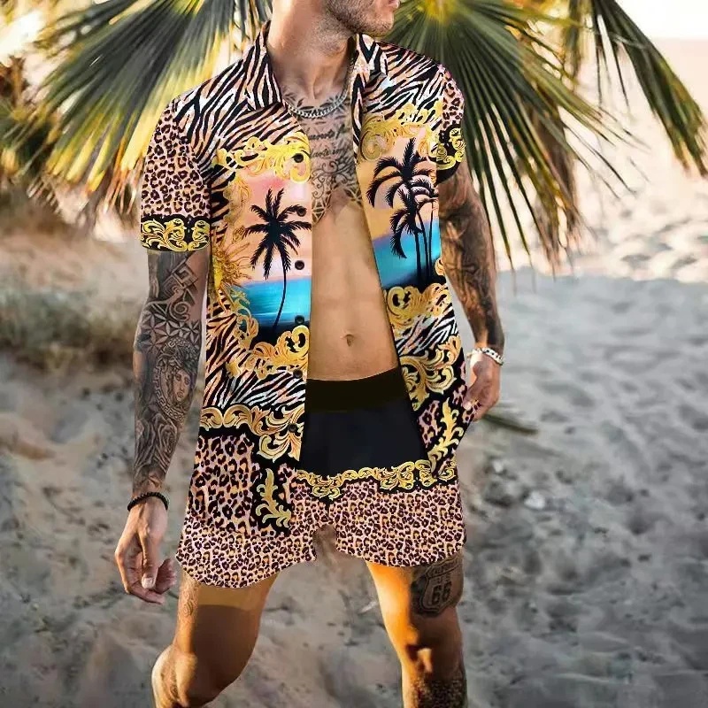 Summer Clothing Beach - ชุดเสื้อเชิ้ตผู้ชายลายมะพร้าวแขนสั้นสุดหรูสำหรับฤดูร้อน กางเกงขาสั้นลายเสือดาว ชุด 2 ชิ้น เสื้อผ้าแฟชั่นชายหาดฮาวายสำหรับผู้ชาย