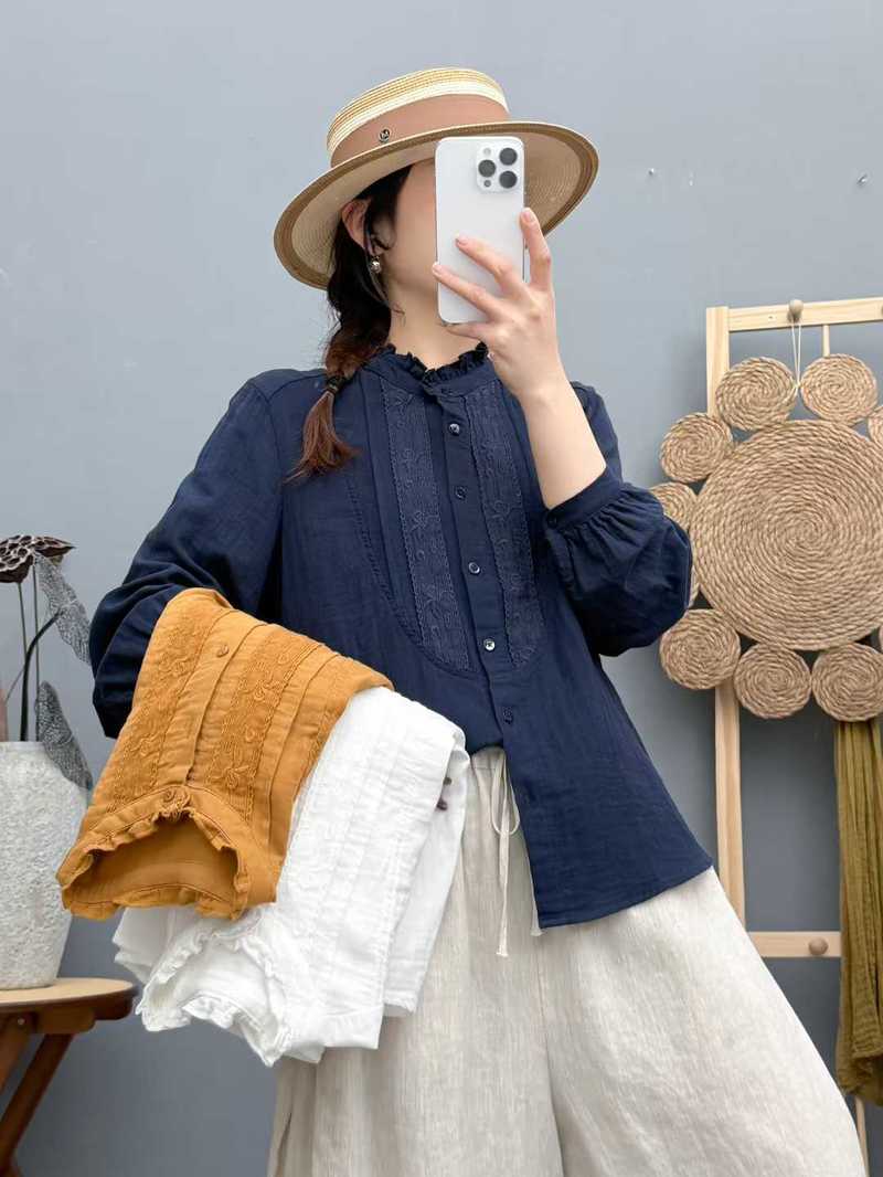 Summer Clothing In Japan - เสื้อผ้าวินเทจปี 2026 สไตล์โมริเกิร์ล ผ้าฝ้ายเนื้อละเอียด สีกรมท่า ขาว