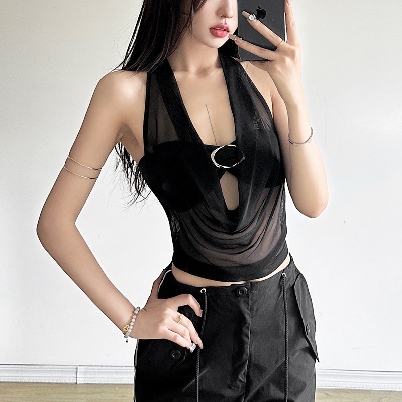 Summer Gauze Clothing - เสื้อสายเดี่ยวเซ็กซี่แบบผูกคอสองชิ้น เสื้อผ้าแฟชั่นผู้หญิง เสื้อกล้ามโชว์หลังผ้าโปร่งบางเข้ารูป รุ่น 2026 Ropa