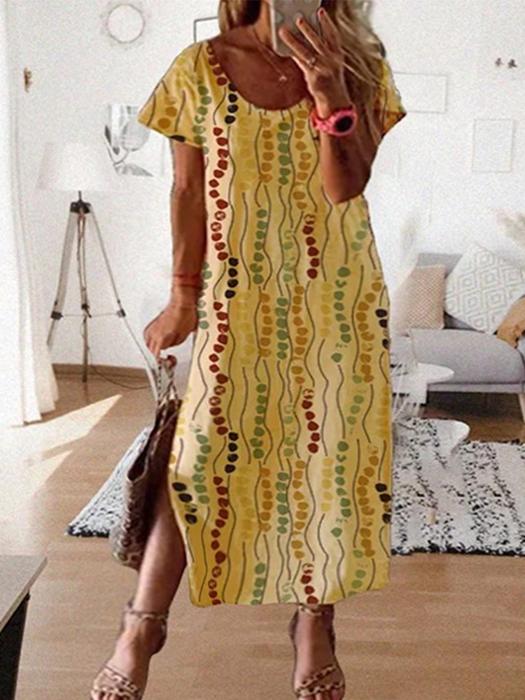 Summer Clothing For Older Women - เดรสยาวพิมพ์ลายสีเหลืองขนาดพลัสไซส์, เดรสยาวทรงหลวมคอกลมแขนสั้น, ชุดลำลองสำหรับผู้หญิงใส่เที่ยวพักผ่อนในฤดูร้อน