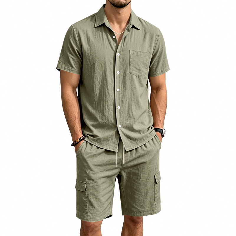 Summer Clothing Line - ชุดเซ็ตผ้าลินินสไตล์อเมริกันสำหรับผู้ชาย เสื้อแขนสั้น กางเกงขาสั้นทรงคาร์โก้ มีเชือกผูกเอว ใส่สบายๆ เหมาะสำหรับกิจกรรมกลางแจ้ง