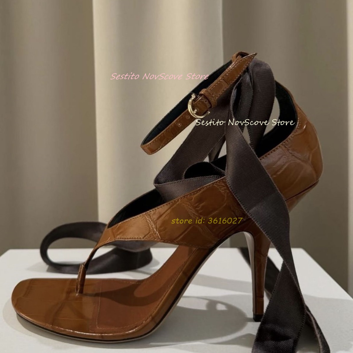 Summer Closet - รองเท้าส้นเข็มแบบเปิดนิ้วเท้าสีน้ำตาล สายรัดข้อเท้าแบบผูกเชือก หัวเข็มขัด สายรัดข้อเท้าไขว้ รองเท้าเซ็กซี่สำหรับผู้หญิงสำหรับงานปาร์ตี้ฤดูร้อน