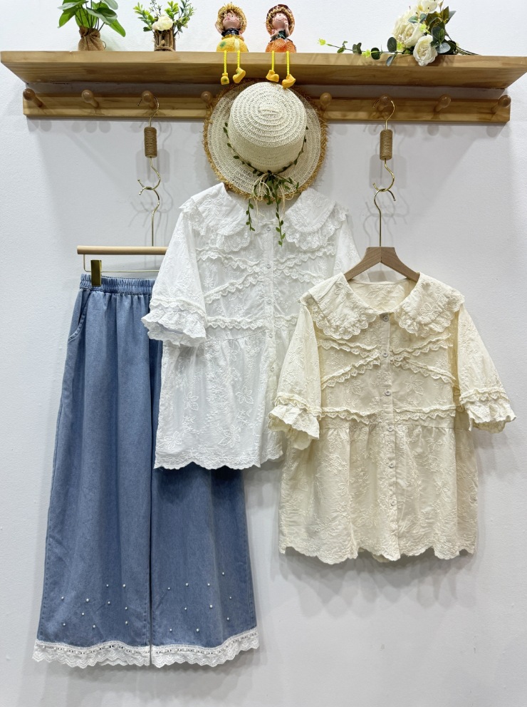 Summer Clothing In Japan - Mori kei เสื้อผ้าเสื้อโลลิต้าหวานคอปกปีเตอร์แพนแขนสั้นลูกไม้ปักเสื้อและเสื้อสตรีสไตล์ญี่ปุ่นเสื้อวินเทจ