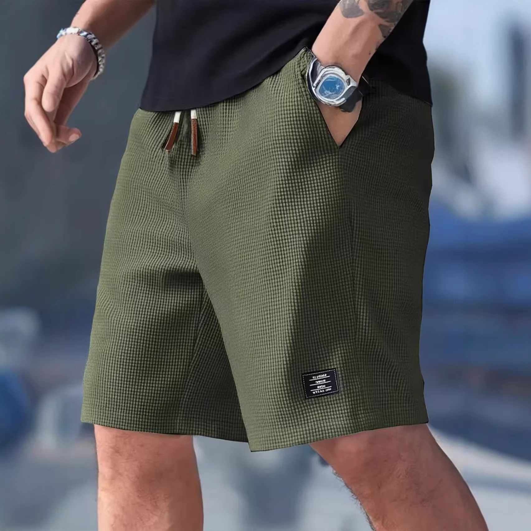 กางเกงขาสั้นผู้ชายสีดำลายวาฟเฟ - Summer Clothing Deals บทวิจารณ์และราคา