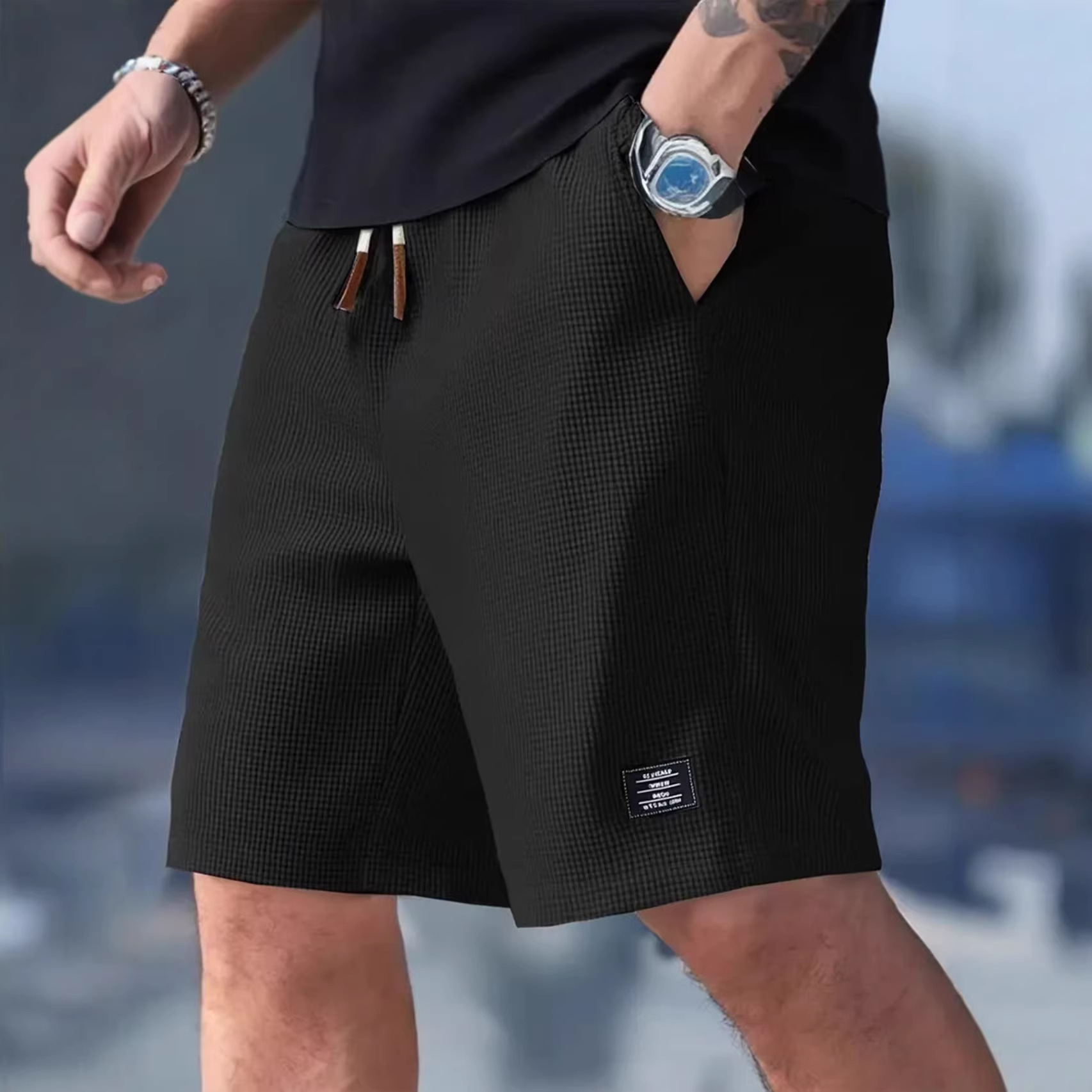 กางเกงขาสั้นผู้ชายสีดำลายวาฟเฟ - Summer Clothing Deals บทวิจารณ์และราคา