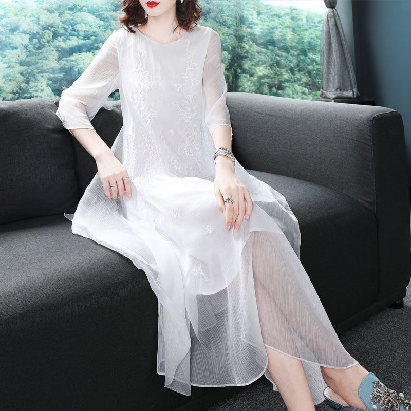 ชุดเดรสออกงานปักลายผ้าโปร่งคอโ - Summer Gauze Clothing บทวิจารณ์และราคา
