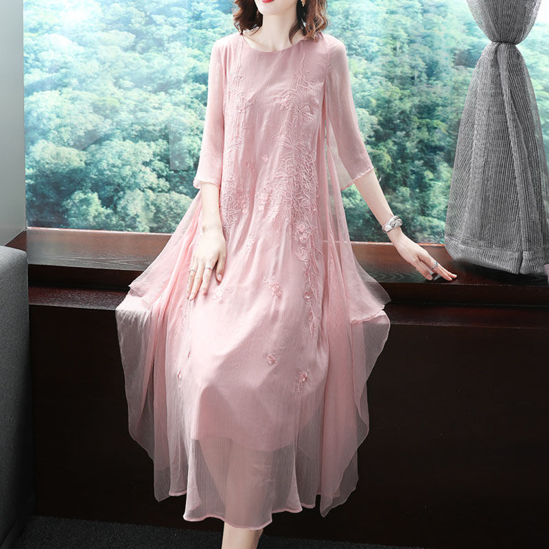 ชุดเดรสออกงานปักลายผ้าโปร่งคอโ - Summer Gauze Clothing บทวิจารณ์และราคา
