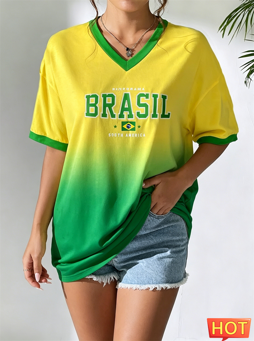 เสื้อยืดบราซิลใหม่ เสื้อยืดคอว - Yellow Summer Clothing บทวิจารณ์และราคา