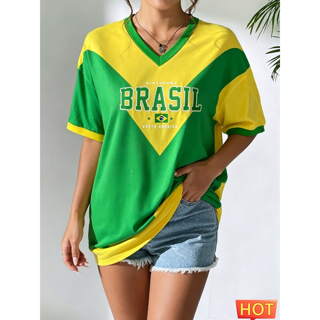 เสื้อยืดบราซิลใหม่ เสื้อยืดคอว - Yellow Summer Clothing บทวิจารณ์และราคา